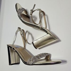 Rhinestone gold braided strappy block heel party shoes size 9
